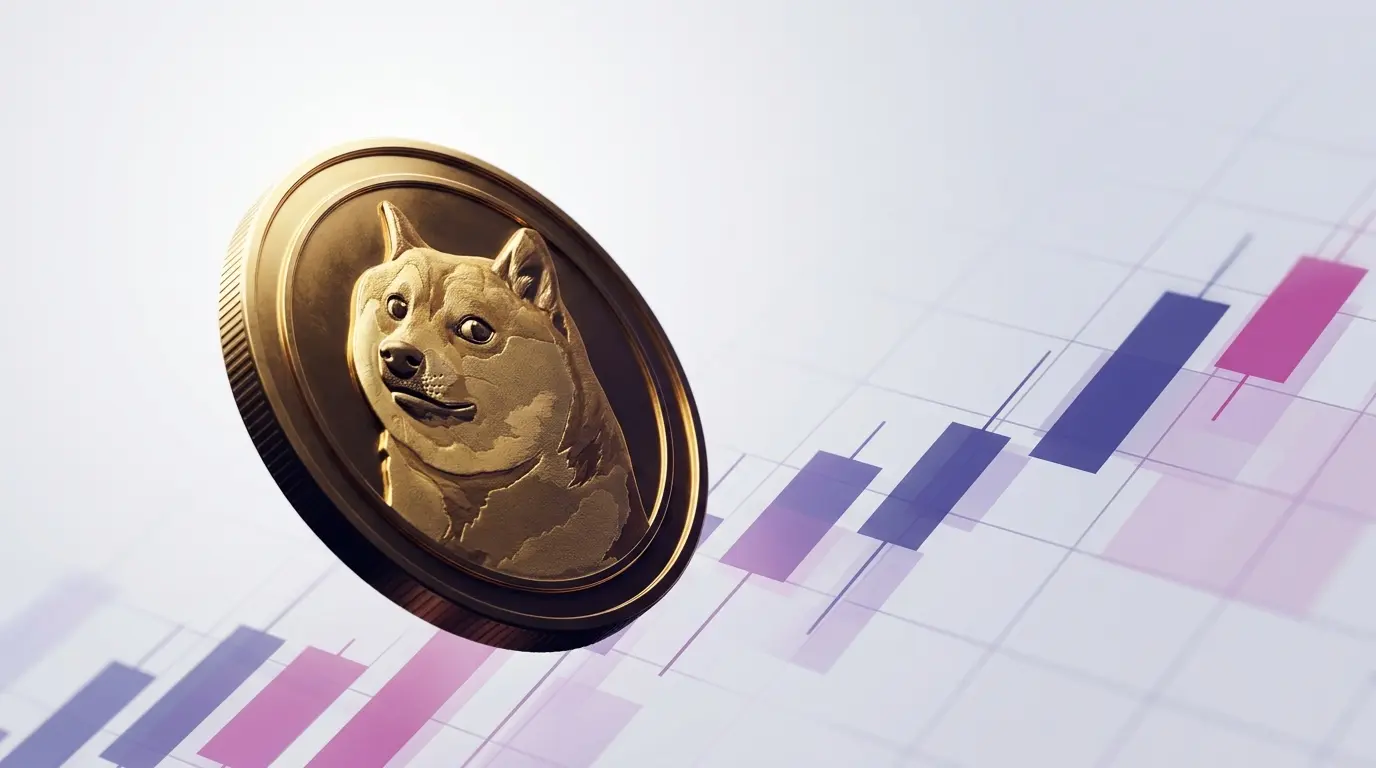 Dogecoin token with upward momentum against purple gradient grid background