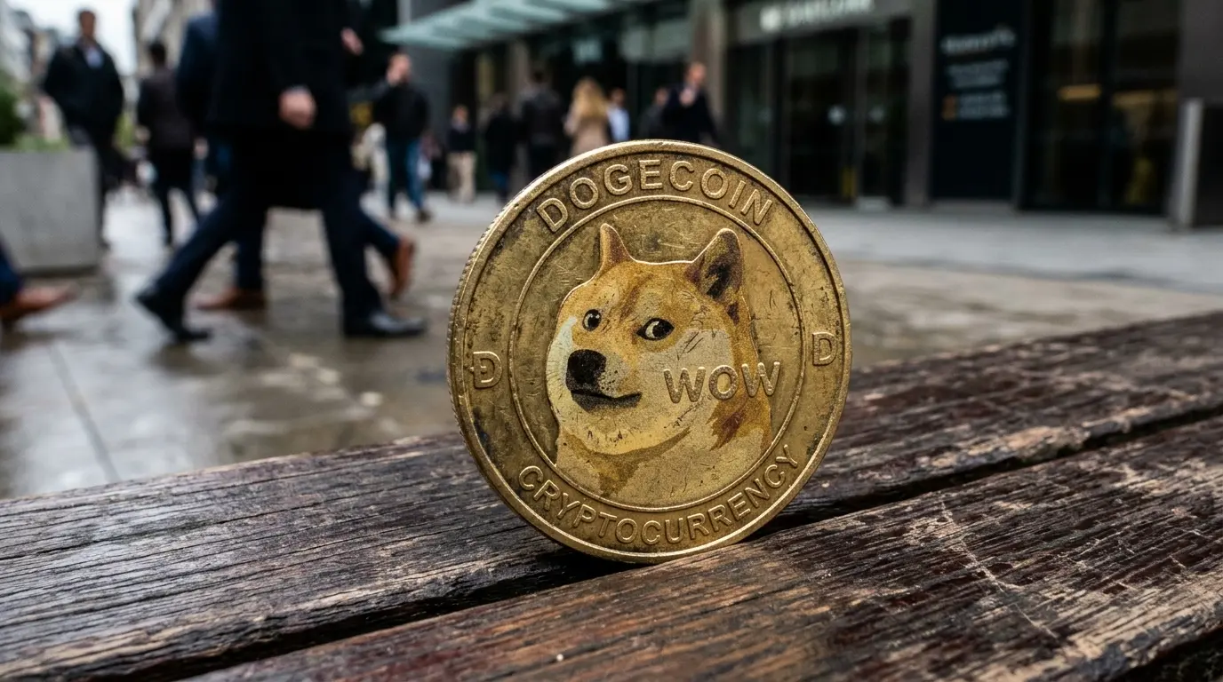 Dogecoin cryptocurrency coin declining against modern gradient background with grid structure