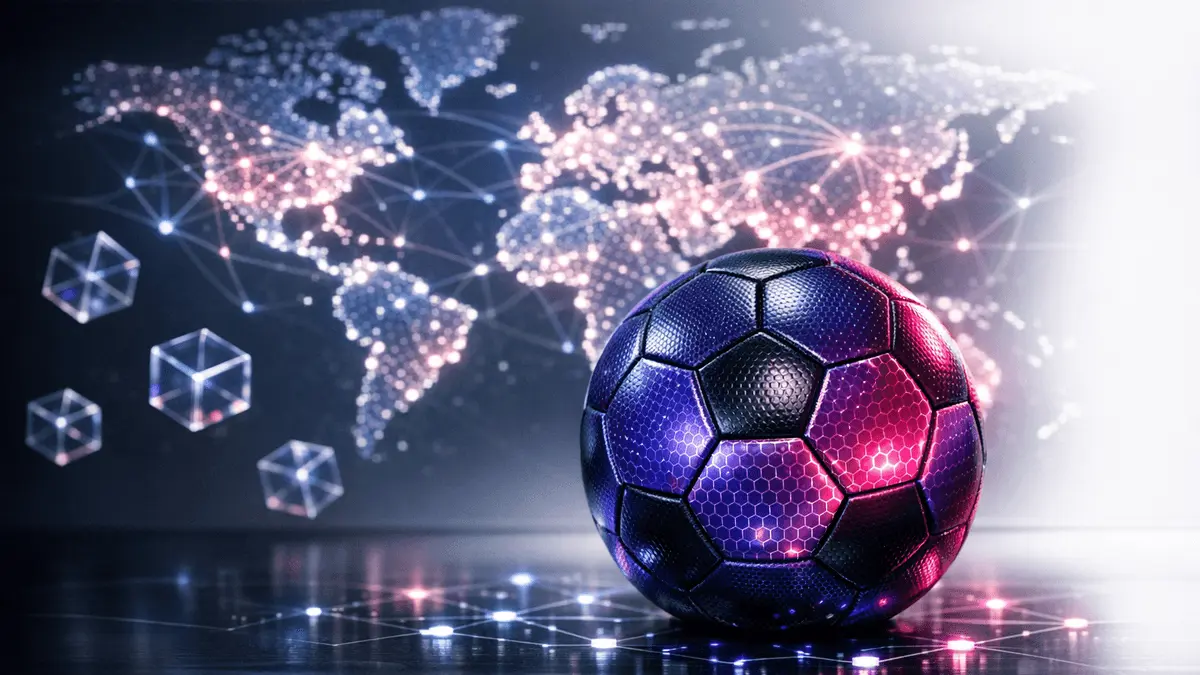 Soccer ball with blockchain network visualization and purple-magenta gradient holographic patterns