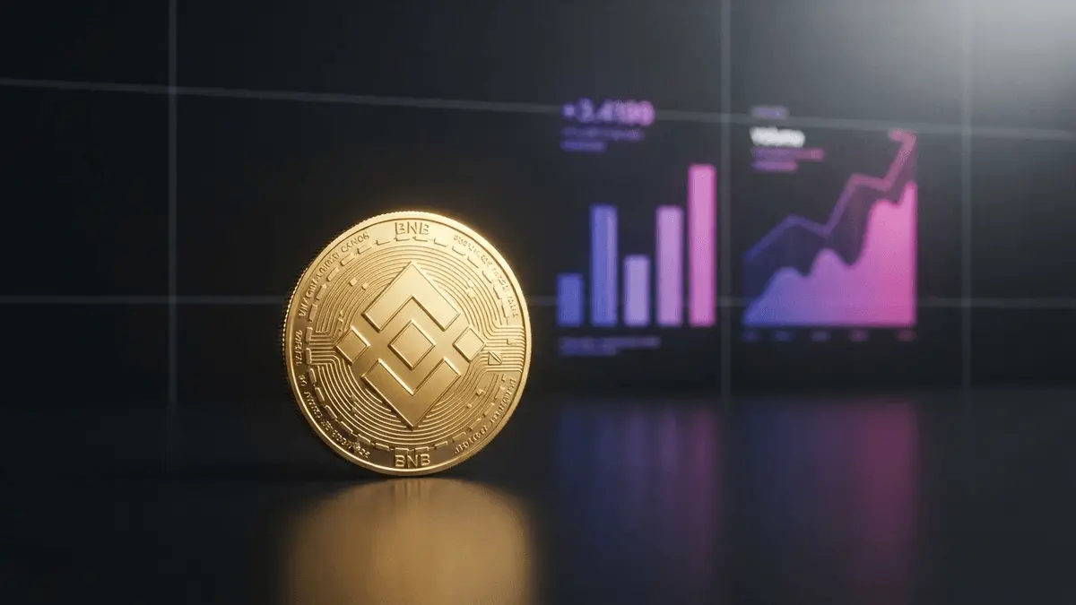 BNB coin with rising volume charts in purple-magenta gradient representing blockchain DEX dominance